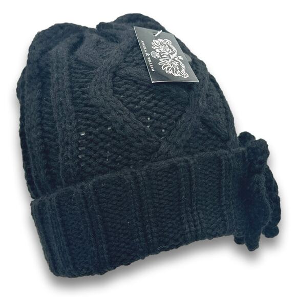 Black Thick Warm Knit Beanie Long Cuffed With Flower Accent Fall Winter Snow Hat - Picture 6 of 7